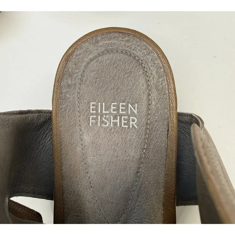 EILEEN FISHER Sandal Spree Sport Size 9 Tan Leather Stretch Mesh Ankle Strap